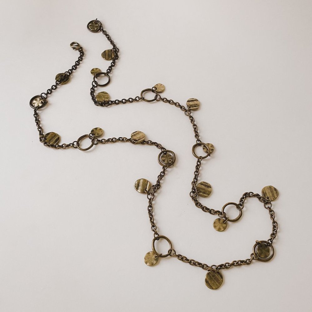 Premier Designs 43" Brass Tone Long Coin Charm Drop Dangle Boho Chain Necklace